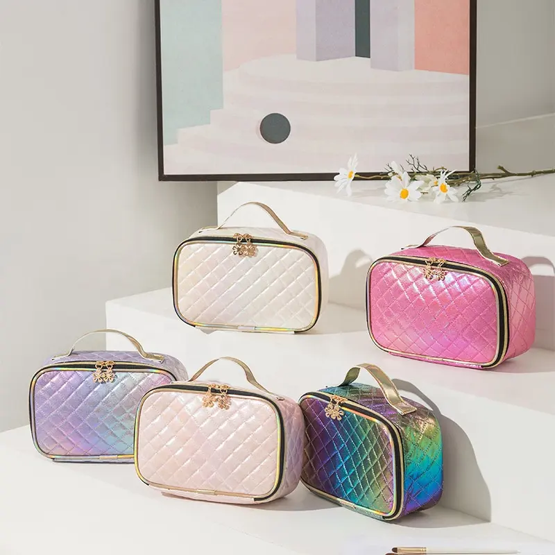Luxury Portable Travel Cosmetic Case Cosmetic Bag Laser Leather Makeup Box Travel Storage Organize Handbag