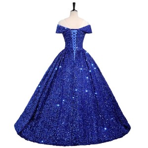 Off Shoulder <b>Sequined</b> Evening Gown Blue Ball Gown Taffeta Fabric Women's Formal Dress - Product Image 5