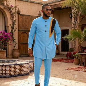 Traje Dashiki Estilo <span class=keywords><strong>Africano</strong></span> <span class=keywords><strong>para</strong></span> Hombre, Conjunto de 2 Piezas, Camisa de Manga Larga con Cuello Mandarín y Pantalones con Bordado Dorado <span class=keywords><strong>para</strong></span> Fiesta o Boda - Product Image 6