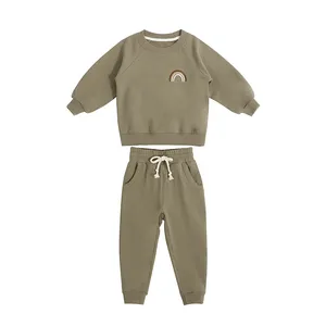 Survêtement en éponge biologique pour enfants, survêtement à manches longues avec broderie arc-en-ciel pour bébés filles, survêtements pour garçons