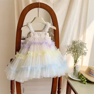 Vestido de verão para meninas, roupa da moda para bebês de 1 ano, saia de tule inchada para crianças, saia de princesa com alças