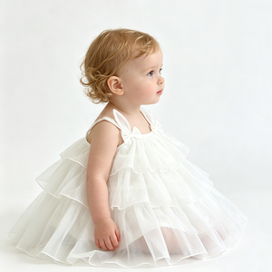 Vestido de Gasa con Capas <span class=keywords><strong>para</strong></span> Bebé Niña, Ideal <span class=keywords><strong>para</strong></span> Bautizo, Primera Comunión, Primer Cumpleaños, Color Sólido, Verano, 0-3 Años - Product Image 2