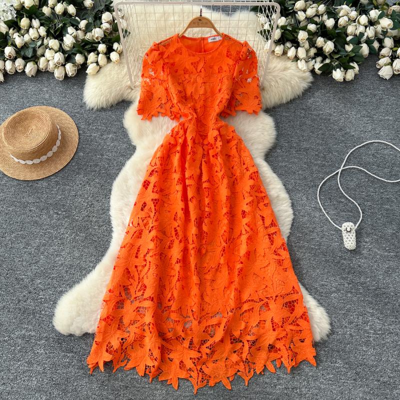 knee length dresses for ladies Draped Lace Dress Set in Orange