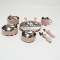 Ensemble de vaisselle pour bébé personnalisé par le fabricant : assiette en acier inoxydable, bol à ventouse, tasse, bavoir et cuillère en silicone