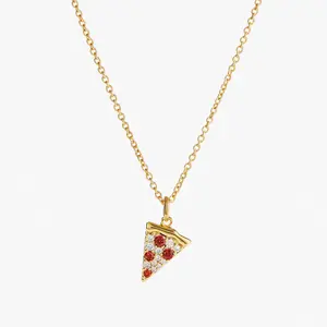 Personalized design pizza necklace pave red Zircon pendant ladies choker chain brass food necklace