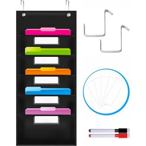 Organizador de archivos de pared con 5 bolsillos de nailon, tarjetas de borrado en seco y ganchos para almacenamiento en la oficina - Product Image 1