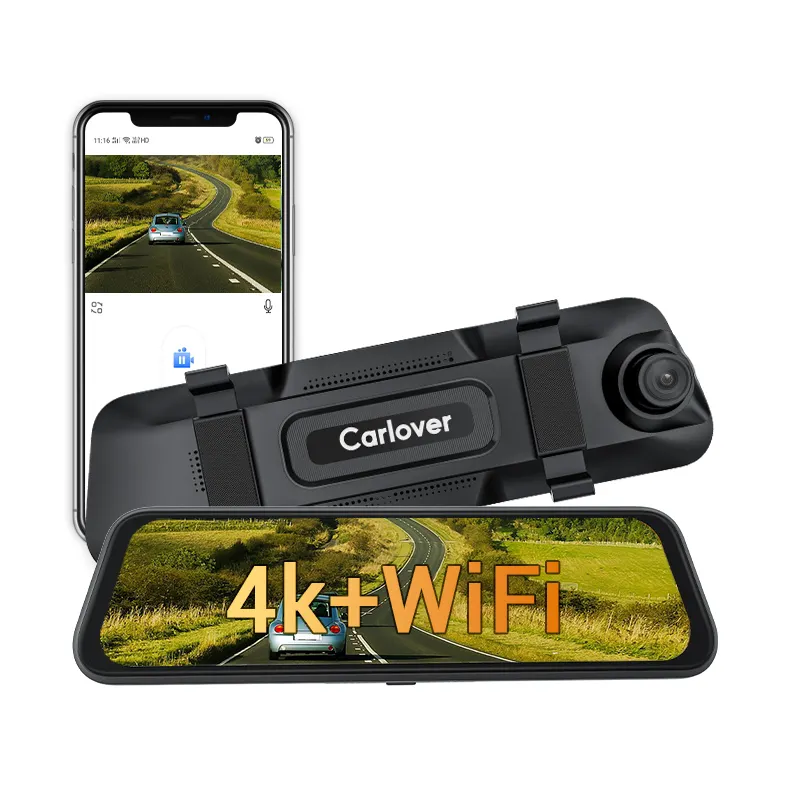 Tela de toque com lente dupla de 9,66 polegadas 4K Dash Cam DVR com espelho de transmissão de carro