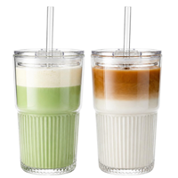 Lot de 2 verres cannelés avec couvercles et pailles, 450 ml, pour café glacé, smoothies, cocktails, usage domestique et café
