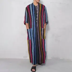 Coldker Mannen Islamitische Arabische Moslim Kaftan Ronde Kraag Lange Mouwen Pockets Vintage Gewaden Midden-oosten Solid Mannen Gestreepte Jubba Thobe