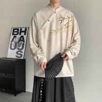 Chemise décontractée à manches longues pour homme, col montant, boutons diagonaux, imprimé bambou, coupe ample, idéale pour le quotidien