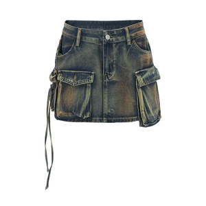 Printemps Nouvelle Mode Jupes Denim pour Femmes Plusieurs Poches Patchwork Lavé À Lacets <span class=keywords><strong>Cargo</strong></span> A-ligne Mini <span class=keywords><strong>Jupe</strong></span> - Product Image 1
