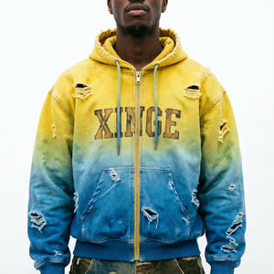 Custom High Quality Acid Washed Vintage Faded Distressed 500gsm Hoodie Hooded Zip up Denim Canvas Boxy <b>Workers</b> <b>Jacket</b> Sweatshirt - Product Image 1