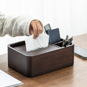 Bamboo Tissue <b>Box</b> Walnut Color With <b>Pen</b> Holder For Office Desk Storage Organization - Product Image 2