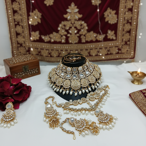 Traditional Religious High Quality <b>Gold</b> Plated Alloy Quartz Pearl Kundan Necklace <b>Set</b> Earrings Tikka/Nath Third Party Certified - Product Image 3