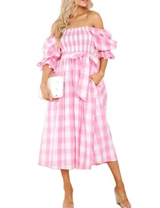 2022 Summer New Arrivals Trendy Custom Half Sleeve Strapless Woman Gingham Babydoll Maxi Dress