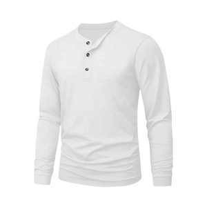 Camisas Henley de manga larga para hombre 100% sarga de algodón 3 botones primavera Casual transpirable frente en blanco Color sólido Tops suaves - Product Image 6