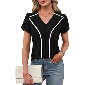 Blusas Elegantes Casuales para Mujer, Manga Corta, Cuello en V, Color en Contraste, Blusa de Trabajo, Camisa de Popelina de Verano, Ajuste Elástico - Product Image 1