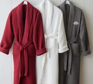 Özel renk pamuk geri dönüşümlü bornoz uzun lüks waffle terry robe