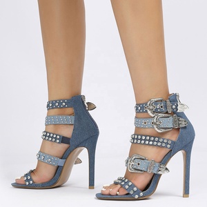 Women Back Zipper Shoes Rhinestone Studs High Heels Summer Square Toe Metal Buckles Denim Customized <b>Sandals</b> - Product Image 4