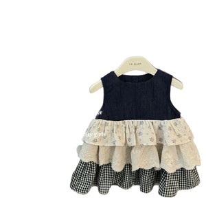 Tongxingyuan Sleeveless Vest Dress For Baby Girls Denim Floral Plaid <b>Patchwork</b> Tiered <b>Skirt</b> Breathable Summer Wear - Product Image 5