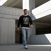 OEM ODM Sweat-shirt décontracté en coton noir style universitaire pour homme avec logo de blason universitaire et bordure crème