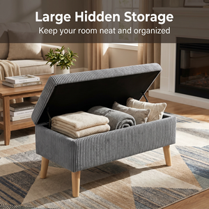 Panca contenitore in velluto a coste grigio oliva, larga 32 pollici, con gambe in legno, coperchio ribaltabile e imbottitura morbida, per fondo letto - Product Image 4