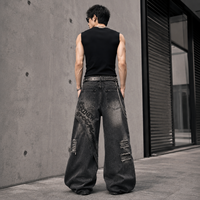 Pantalon en jean superposé DiZNEW pour homme, coupe ample, déchiré, noir délavé, style gothique Darkwear, OEM