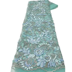 低价婚纱3D花绳蕾丝薄荷绿色刺绣薄纱网蕾丝面料