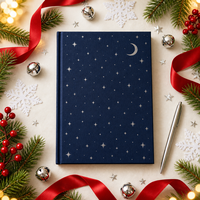 Carnet personnalisé de Noël avec couverture rigide en papier A5, ciel étoilé bleu marine et croissant de lune, estampage à chaud argenté, 80 feuilles, cadeau d'entreprise