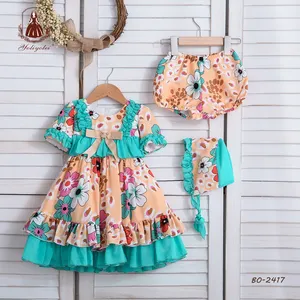 Cửa Hàng Mùa Thu Toddler Cổ Điển Màu Xanh Lá Cây Cô Gái Smocked Quần Áo Ưa Thích Ngắn Tay Áo Trẻ Em Quần Áo Cô Gái Hoa Baby Dresses Tây Ban Nha