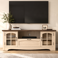 Soporte de TV de Dos Tonos Estilo Rústico para TV de 60-64 Pulgadas, OEM ODM, con Puertas de Vidrio Acanalado, Estante para Barra de Sonido, Cajón y Base Arqueada