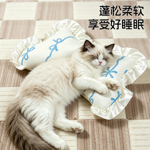 Coussin pour chat, sur le thème des chatons, couleur crème, avec nœuds décoratifs, tapis de couchage pour animaux de compagnie avec bordure en dentelle, tapis de couchage épais et moelleux pour chiens. - Product Image 3