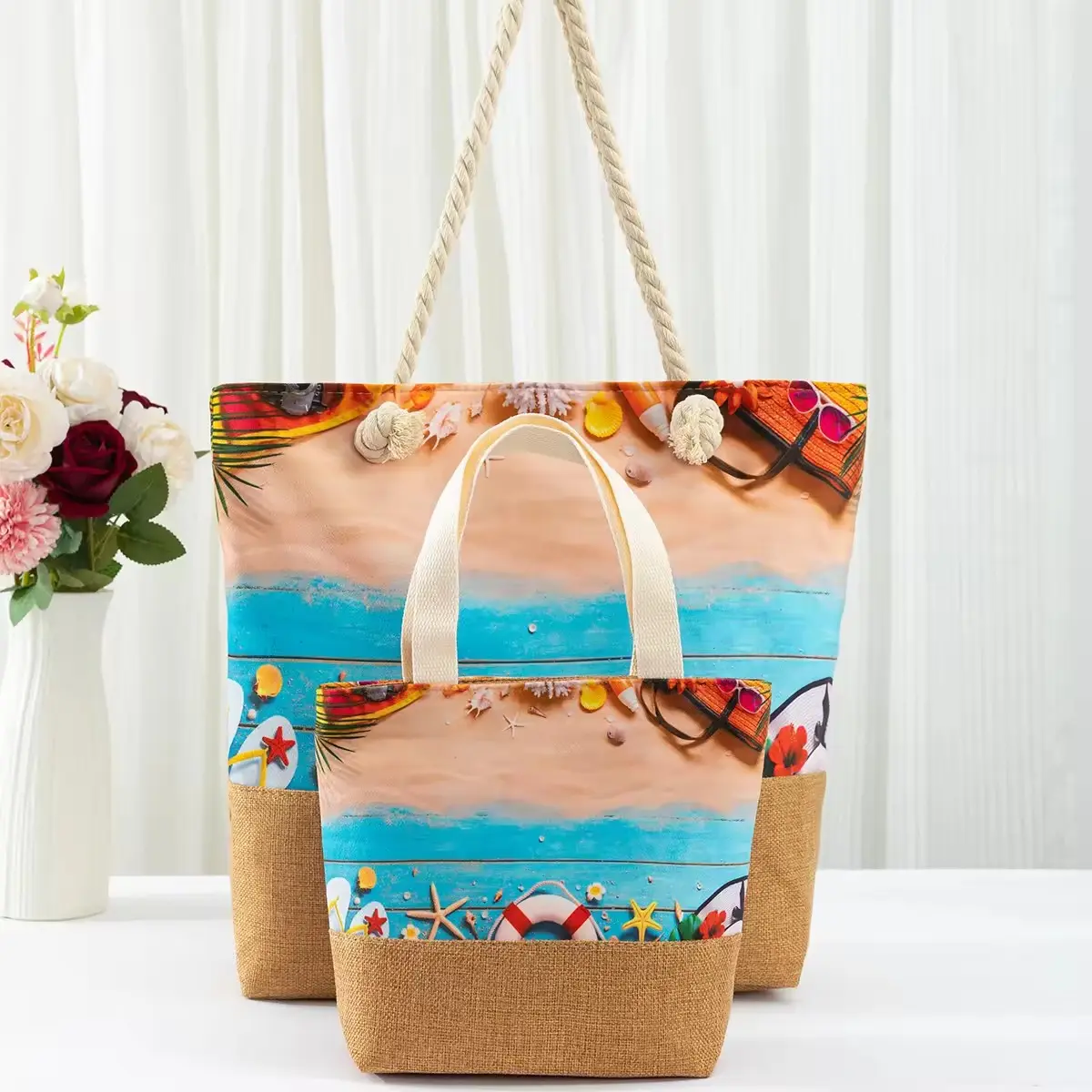 Custom Logo Wholesale Mix Material Canvas Tote Handle Bag Summer Travel Beach Plant Printed Lady Tote Bag Set With Soft Rope