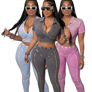 JY <strong>Hot</strong> Selling Summer Women's Tracksuit Two Piece <strong>Pants</strong> Set Fashion Trendy Washed Deep V-neck Top 2 Pieces <strong>Suit</strong> Women