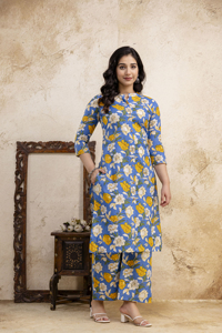 Conjunto de Kurta y Palazzo Azul para Mujer, Cuello Alto, Detalle de Botones Simulados en la Parte Delantera, Ropa Étnica Elegante para Ocasiones Casuales y Festivas - Product Image 6