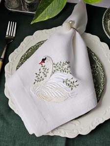 Mantel Individual Bordado de Lino <span class=keywords><strong>Blanco</strong></span> <span class=keywords><strong>Cisne</strong></span>, Apto para Restaurantes y Bodas, Clásico Cuadrado, 100% Lino - Product Image 3