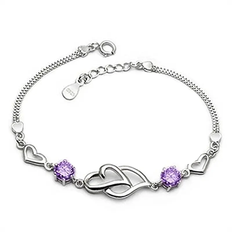 2024 Charm High Quality Bracelet White Purple Double Heart Bracelet Diamond Chain Copper Bracelet for Women