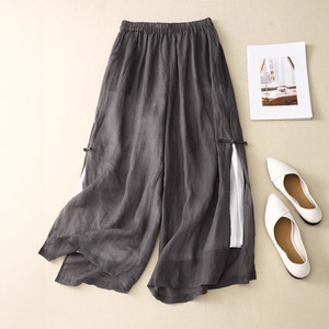 <span class=keywords><strong>Pantaloni</strong></span> Larghi Estivi da Donna in <span class=keywords><strong>Lino</strong></span> e Cotone a Vita Alta, Tinta Unita, Lunghi, Stile Retrò con Fibbia, Eleganti, con Doppio Spacco, Casual - Product Image 1