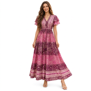Boho V-Neck Maxi <b>Dress</b> <b>With</b> Flutter <b>Sleeves</b> Paisley Print Chiffon A-Line Loose Fit <b>Summer</b> Casual Women's <b>Dress</b> - Product Image 1