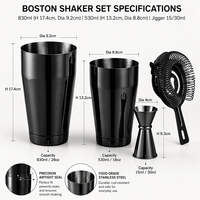 Ensemble de shakers à cocktails Boston en gros, ensemble de barware en acier inoxydable 3 pièces 830ml 530ml, shaker à cocktails Boston avec doseur