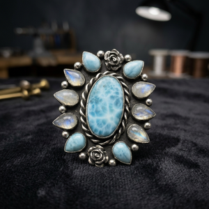 Anillo de Plata de Ley 925 con Larimar del Caribe y Piedra Lunar, Hecho a Mano, para Boda, Compromiso o Aniversario, ¡Gran Venta! - Product Image 3