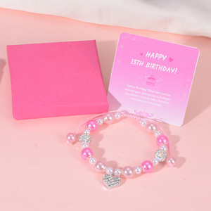<b>Heart</b> Shaped Pearl Beaded Bracelet Imitation Pearl Women's Jewelry Gift for 13th Birthday Pink and Silver Tone - Product Image 1