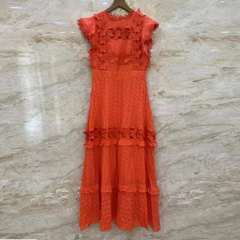 New 2023 Summer Fashion Long Dress High Quality Ladies Hollow Out Embroidery Sexy Sleeveless Long White Yellow Orange Dress Maxi