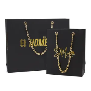 Custom Made Private Logo Luxury Boutique Black Packaging Bag Recyclable Paper Bag With Handles For Shopping And Gifting