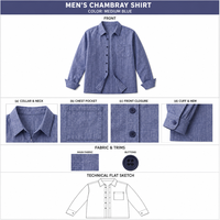 Chemise décontractée en lin chambray pour homme, personnalisée OEM, manches longues, bleu moyen, style japonais frais, respirante, pour l'automne et le quotidien
