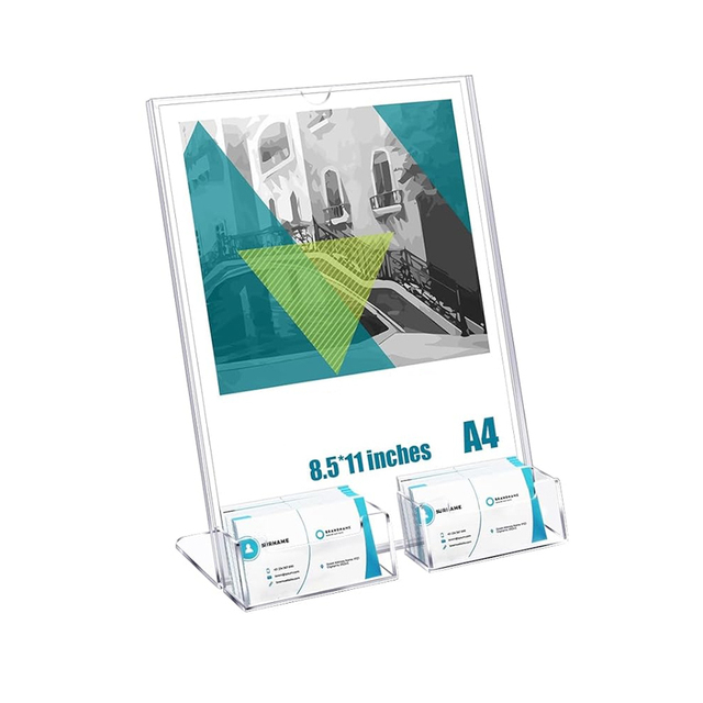 L Shaped Slanted Clear Acrylic Sign Brochure Holder with 2 Business Card Pockets Holder Lucite Flyer Menu Display Stand Frame