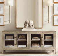 Buffet contemporain en verre français avec armoire à 4 portes en chêne massif, meuble de salle à manger