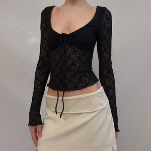 Chemise pour femme à manches longues, col en V, détails de nœud, ajustée, en dentelle noire florale respirante, style punk gothique - Product Image 5