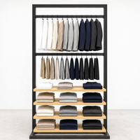 Portant à vêtements double niveau en fer noir avec 4 étagères en bois pour chemises et pantalons – Usage commercial