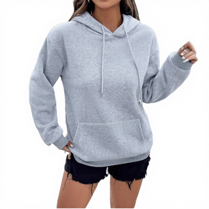 เสื้อฮู้ดผู้หญิงคุณภาพสูงแบบขายส่ง รุ่นใหม่สำหรับฤดูใบไม้ร่วง/ฤดูใบไม้ผลิ/ฤดูหนาว แฟชั่นสีพื้น มีเชือกผูกและกระเป๋า ผลิตจากผ้าฝ้าย 100% - Product Image 4